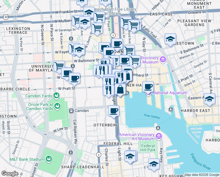 map of restaurants, bars, coffee shops, grocery stores, and more near 1 East Pratt Street in Baltimore