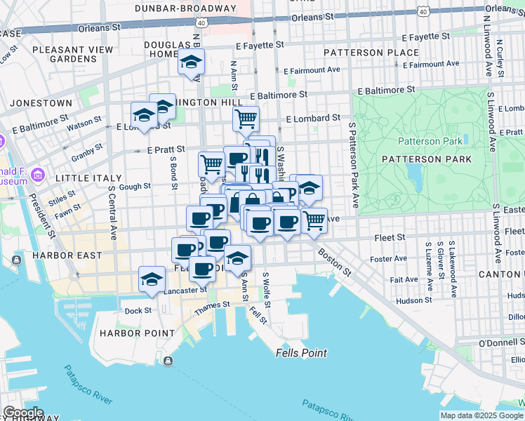 map of restaurants, bars, coffee shops, grocery stores, and more near South Wolfe Street in Baltimore