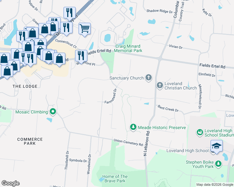 map of restaurants, bars, coffee shops, grocery stores, and more near 9773 Farmstead Drive in Loveland