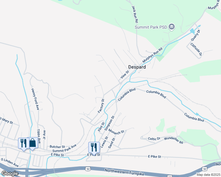 map of restaurants, bars, coffee shops, grocery stores, and more near 323 Factory Street in Clarksburg