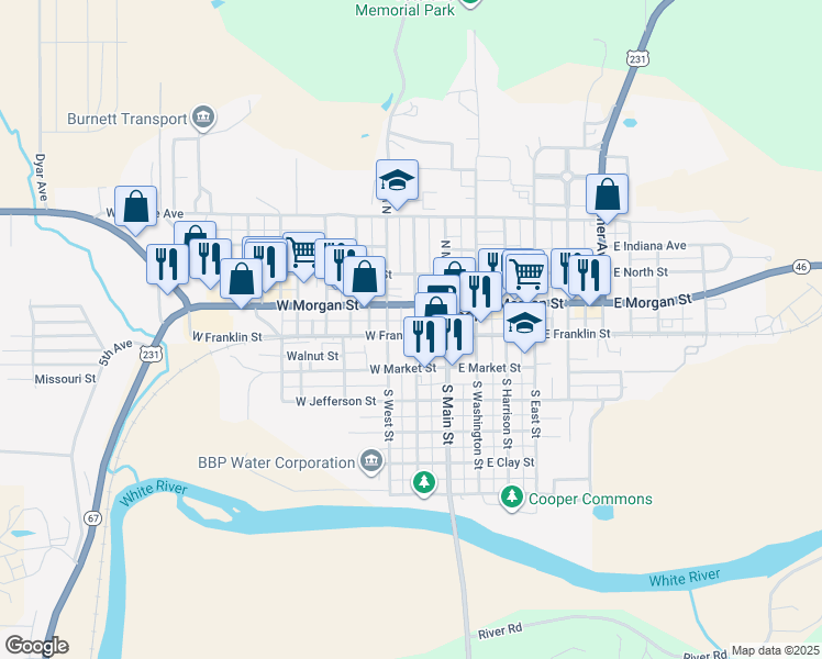 map of restaurants, bars, coffee shops, grocery stores, and more near 3 North Montgomery Street in Spencer