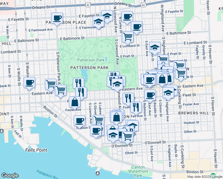map of restaurants, bars, coffee shops, grocery stores, and more near 2806 Eastern Avenue in Baltimore