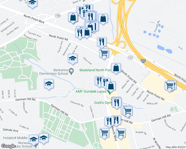 map of restaurants, bars, coffee shops, grocery stores, and more near 7507 Lange Street in Baltimore