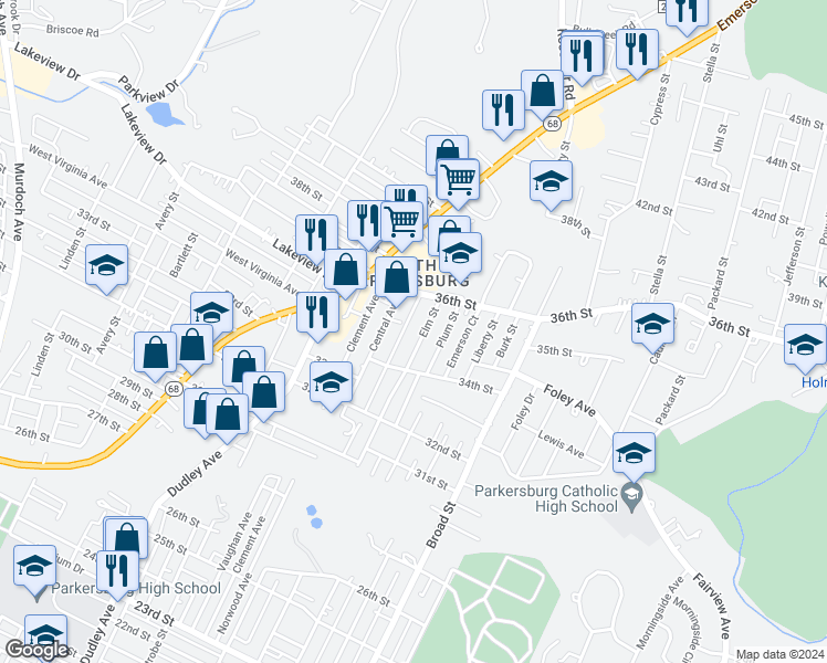 map of restaurants, bars, coffee shops, grocery stores, and more near 3507 Elm Street in Parkersburg