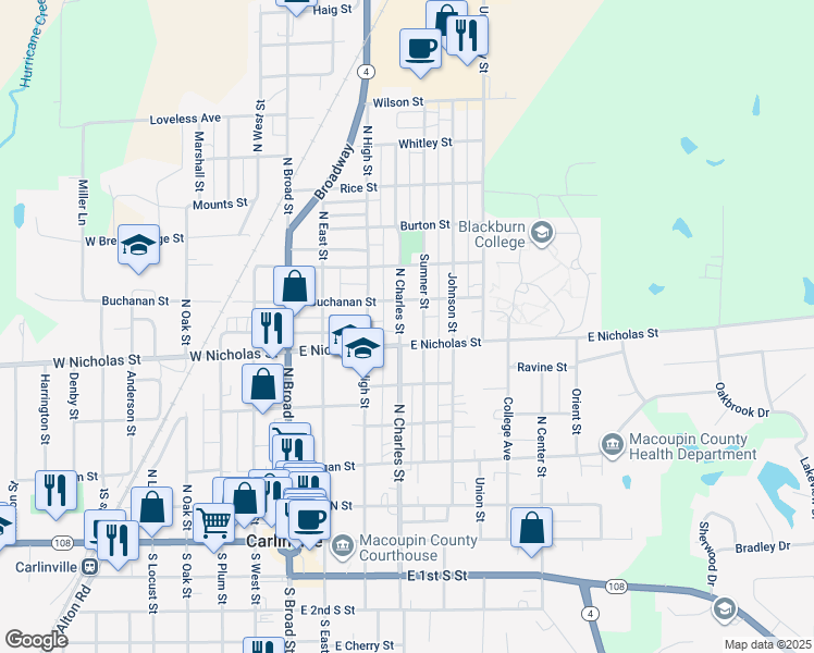map of restaurants, bars, coffee shops, grocery stores, and more near 623 North Charles Street in Carlinville