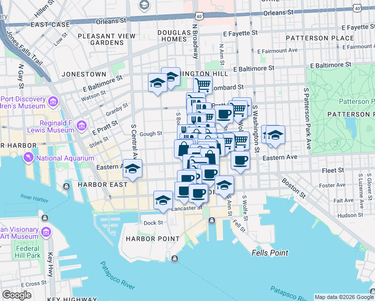 map of restaurants, bars, coffee shops, grocery stores, and more near 1611 Bank Street in Baltimore