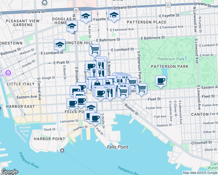 map of restaurants, bars, coffee shops, grocery stores, and more near 418 South Washington Street in Baltimore