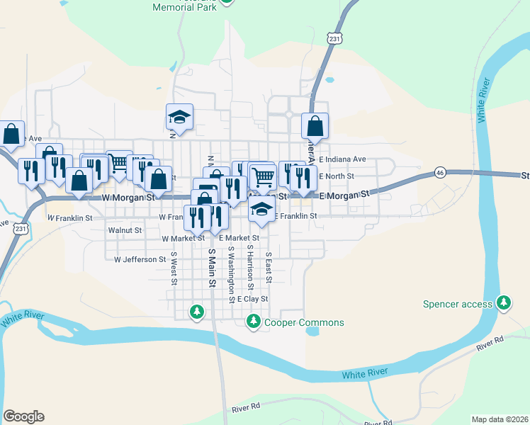 map of restaurants, bars, coffee shops, grocery stores, and more near 46 North Harrison Street in Spencer