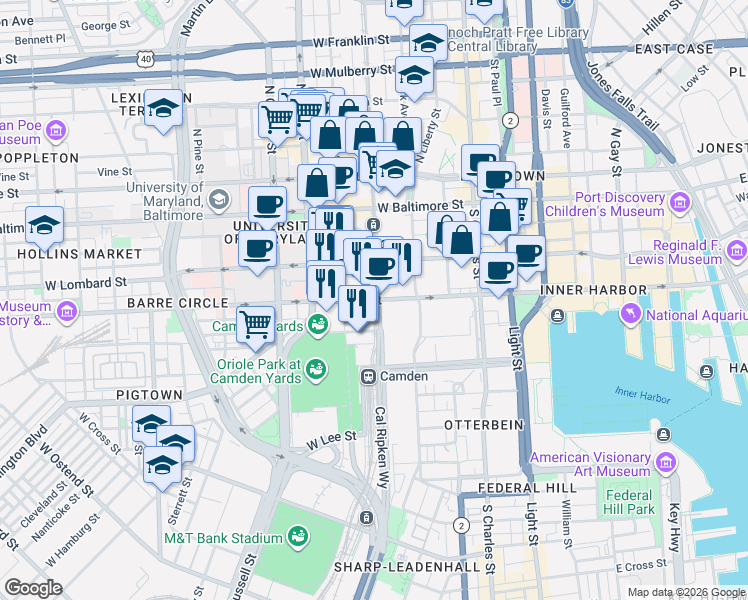 map of restaurants, bars, coffee shops, grocery stores, and more near 308 West Pratt Street in Baltimore