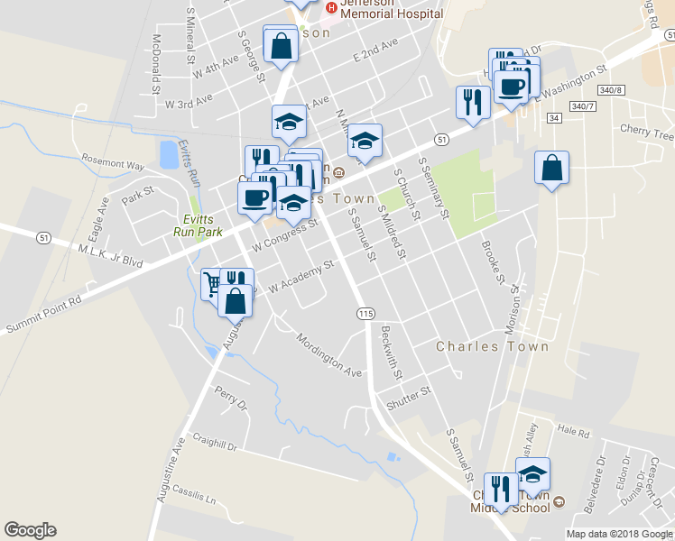 map of restaurants, bars, coffee shops, grocery stores, and more near 400 South George Street in Charles Town