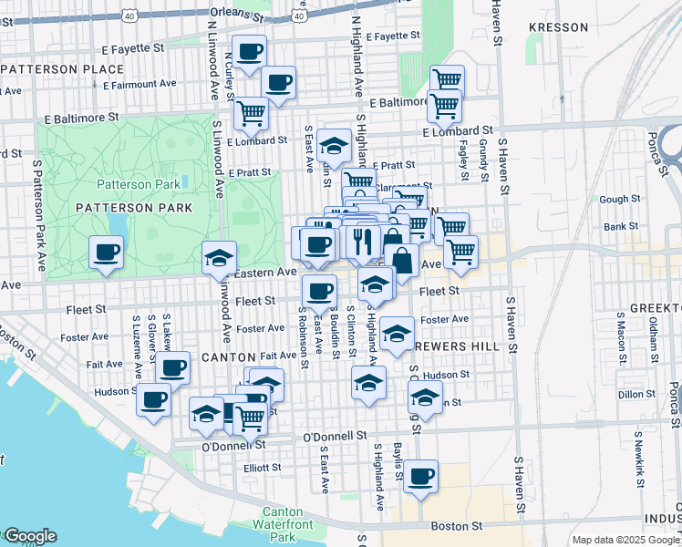 map of restaurants, bars, coffee shops, grocery stores, and more near 3235 Eastern Avenue in Baltimore