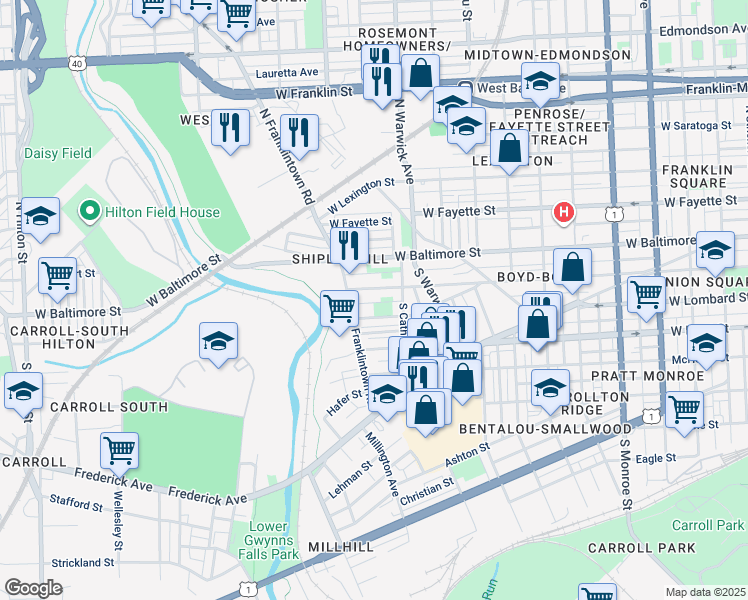 map of restaurants, bars, coffee shops, grocery stores, and more near 2530 Boyd Street in Baltimore