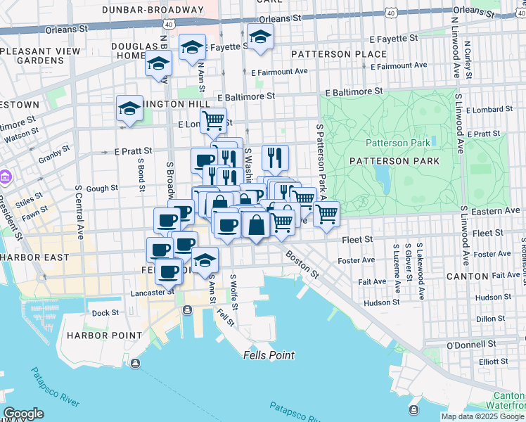 map of restaurants, bars, coffee shops, grocery stores, and more near 2020 Portugal Street in Baltimore
