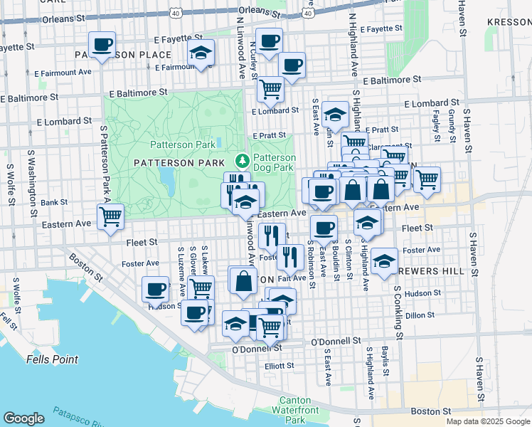 map of restaurants, bars, coffee shops, grocery stores, and more near 2940 Eastern Avenue in Baltimore