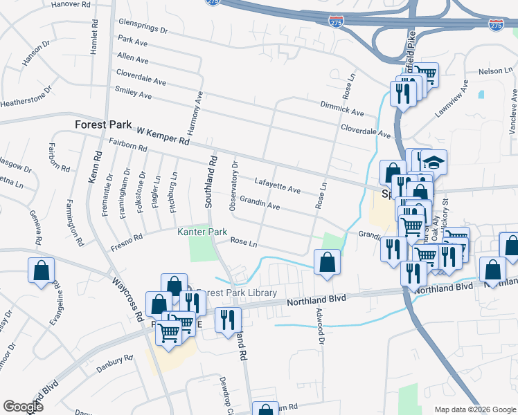 map of restaurants, bars, coffee shops, grocery stores, and more near 573 Grandin Avenue in Springdale