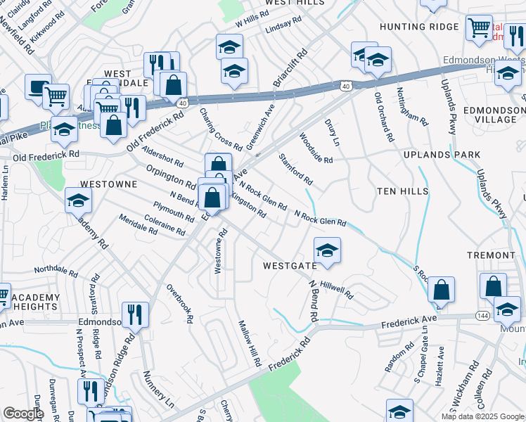map of restaurants, bars, coffee shops, grocery stores, and more near 5303 Wendley Road in Baltimore
