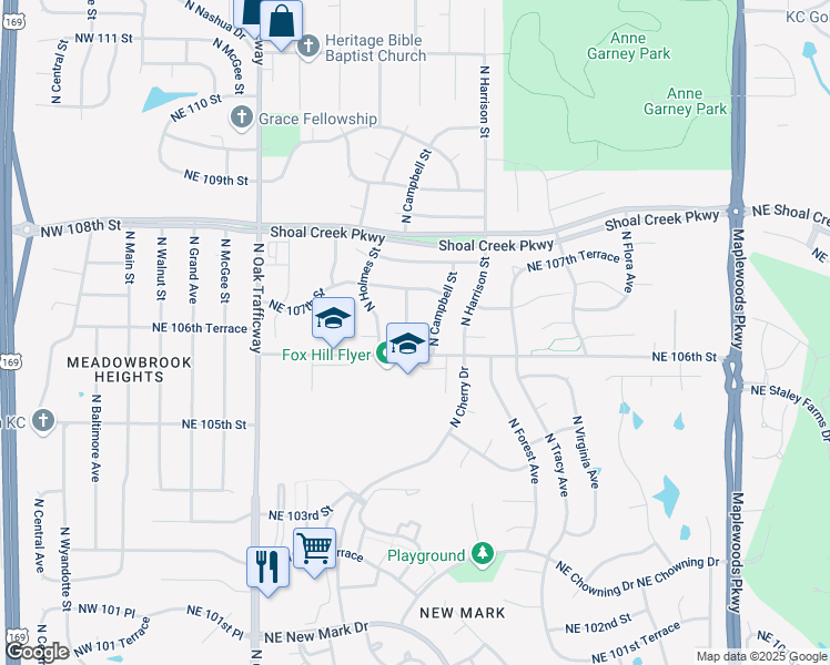 map of restaurants, bars, coffee shops, grocery stores, and more near 10616 North Campbell Street in Kansas City