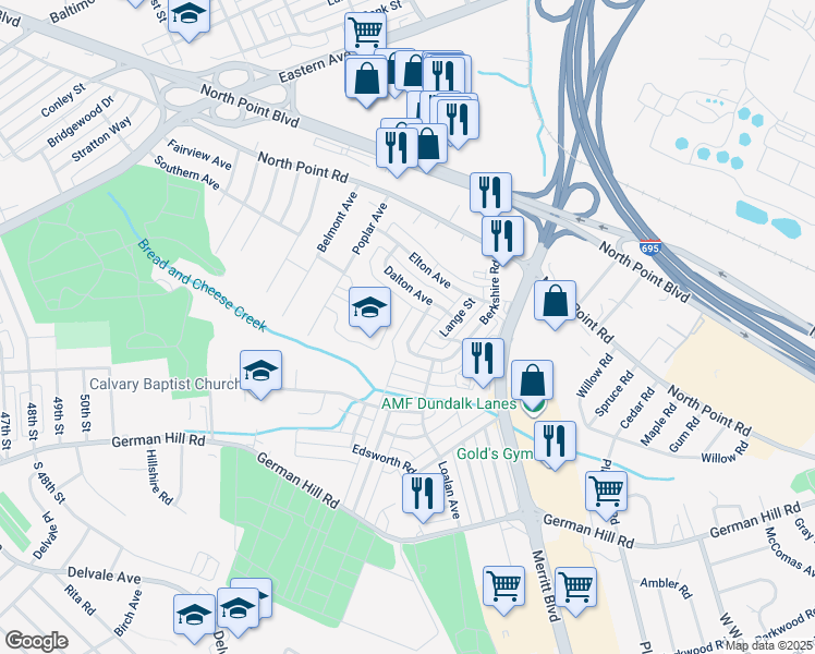 map of restaurants, bars, coffee shops, grocery stores, and more near 7321 Berkshire Road in Baltimore
