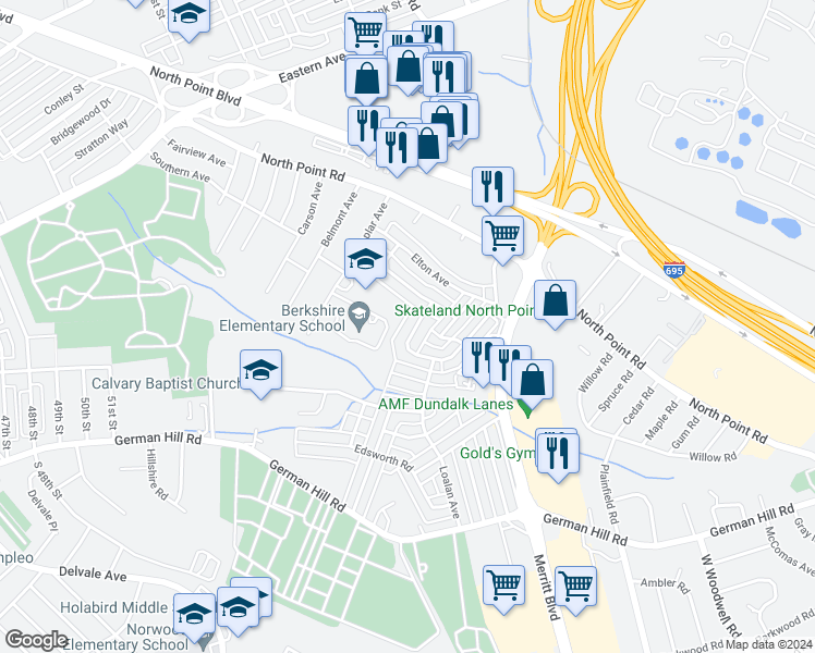 map of restaurants, bars, coffee shops, grocery stores, and more near 7321 Berkshire Road in Baltimore
