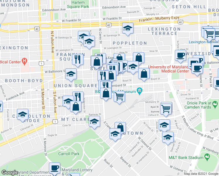 map of restaurants, bars, coffee shops, grocery stores, and more near 1211 West Lombard Street in Baltimore