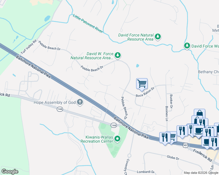 map of restaurants, bars, coffee shops, grocery stores, and more near 3002 Wooded Knoll Court in Ellicott City