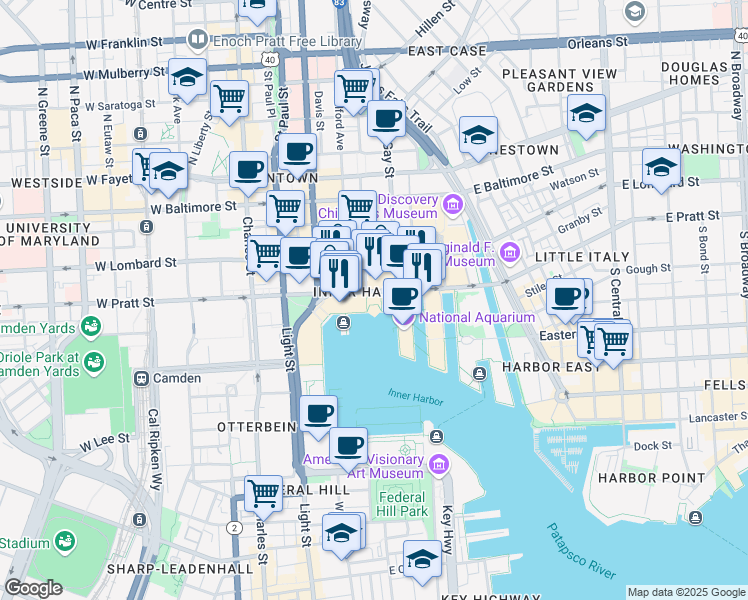 map of restaurants, bars, coffee shops, grocery stores, and more near 401 East Pratt Street in Baltimore