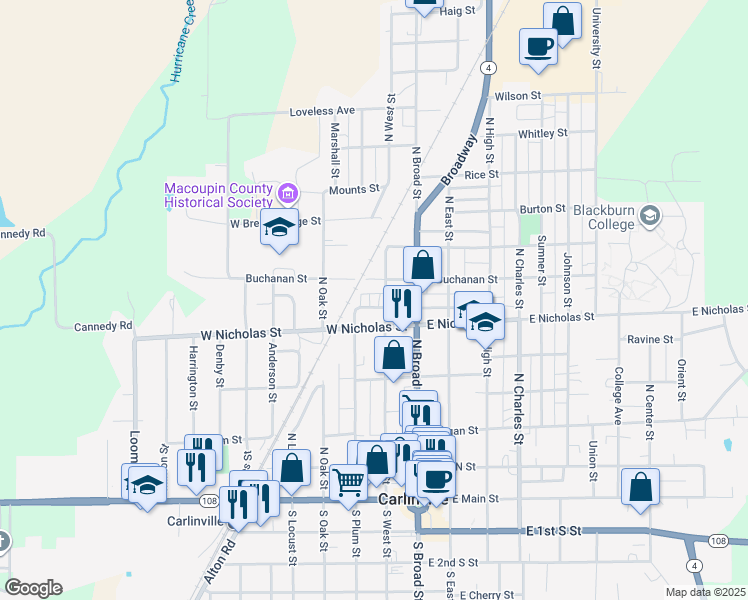 map of restaurants, bars, coffee shops, grocery stores, and more near 356 West Jackson Street in Carlinville