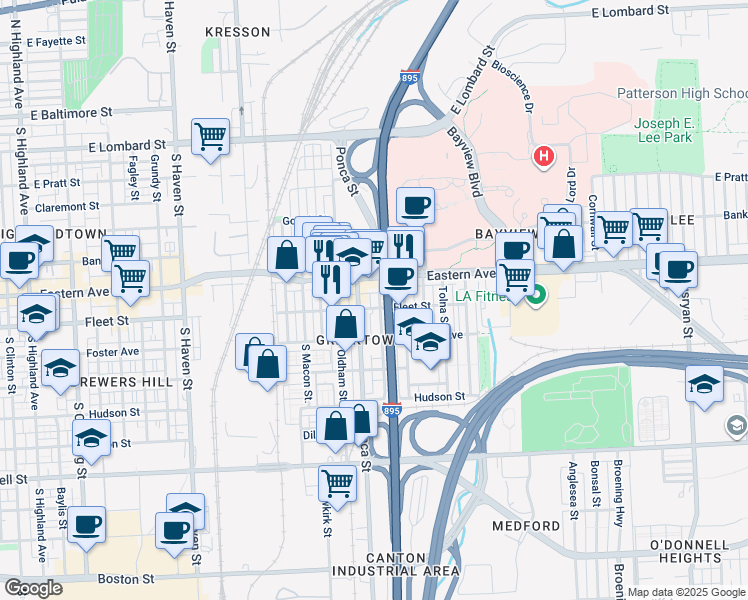 map of restaurants, bars, coffee shops, grocery stores, and more near 516 Quail Street in Baltimore