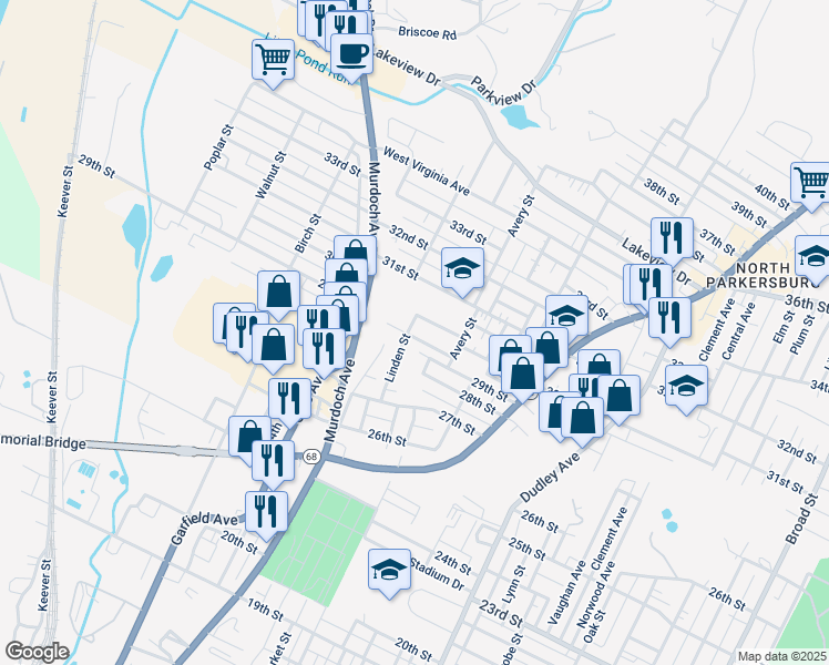 map of restaurants, bars, coffee shops, grocery stores, and more near 901 30th Street in Parkersburg