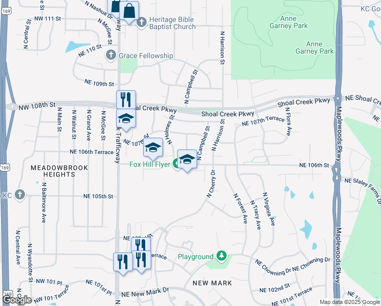 map of restaurants, bars, coffee shops, grocery stores, and more near 10616 North Campbell Street in Kansas City