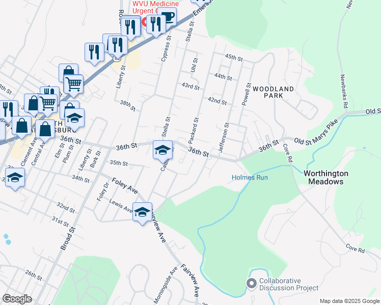 map of restaurants, bars, coffee shops, grocery stores, and more near 2304 36th Street in Parkersburg
