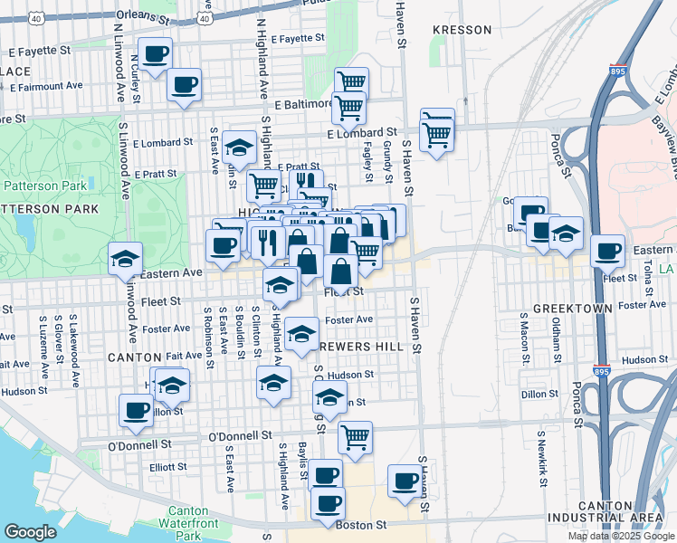 map of restaurants, bars, coffee shops, grocery stores, and more near 3715 Eastern Avenue in Baltimore
