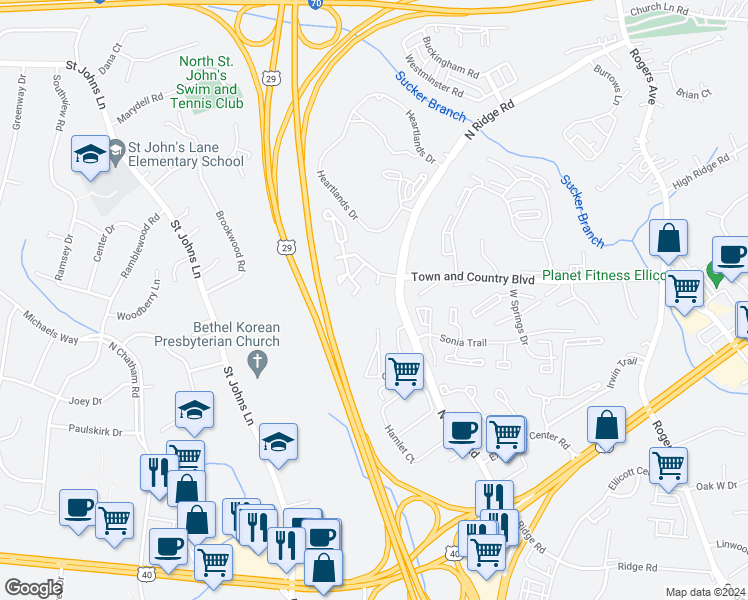 map of restaurants, bars, coffee shops, grocery stores, and more near 3100 North Ridge Road in Ellicott City
