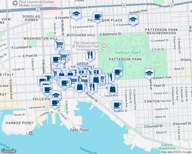 map of restaurants, bars, coffee shops, grocery stores, and more near 417 South Madeira Street in Baltimore