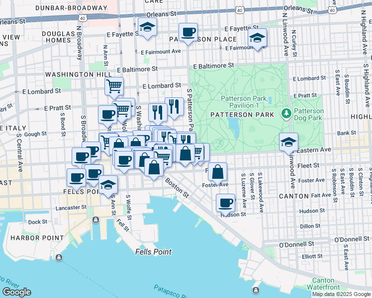 map of restaurants, bars, coffee shops, grocery stores, and more near 417 South Madeira Street in Baltimore