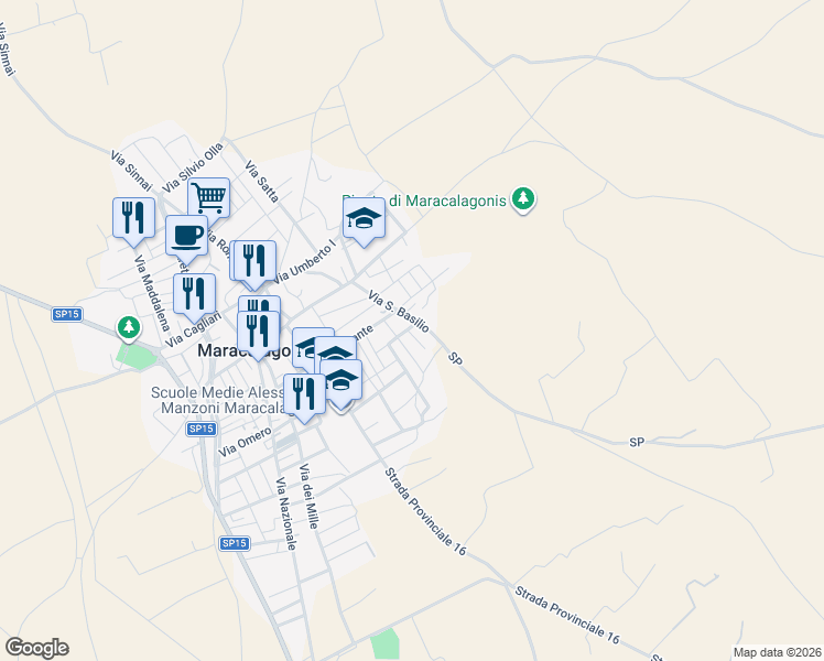 map of restaurants, bars, coffee shops, grocery stores, and more near 16 Via Minervini in Maracalagonis