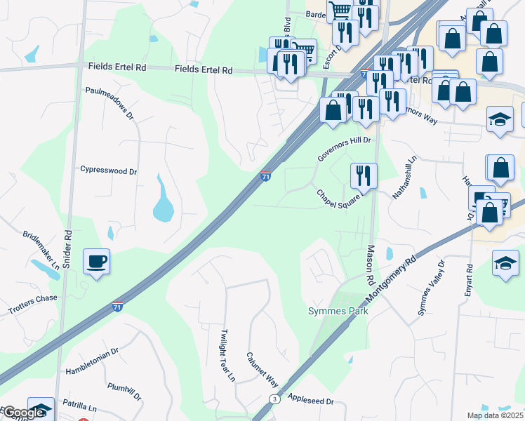 map of restaurants, bars, coffee shops, grocery stores, and more near 8650 Governors Hill Drive in Cincinnati