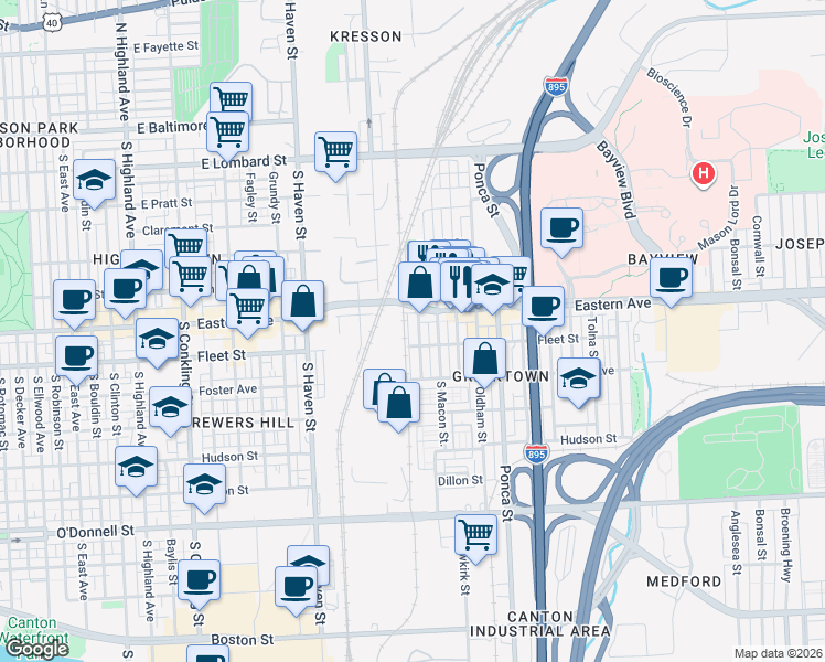 map of restaurants, bars, coffee shops, grocery stores, and more near 522 South Lehigh Street in Baltimore