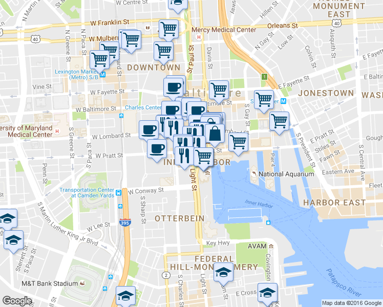 map of restaurants, bars, coffee shops, grocery stores, and more near 220 Light St in Baltimore