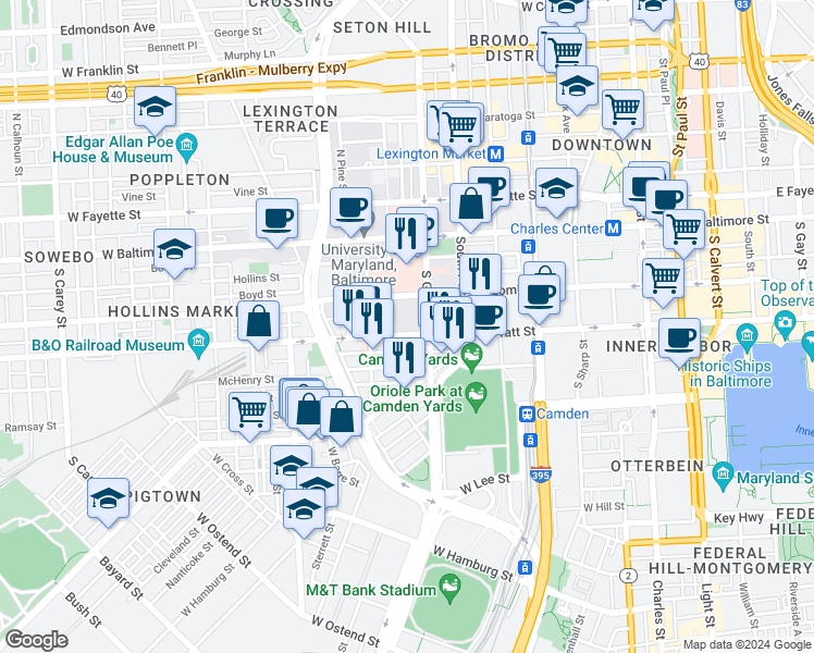map of restaurants, bars, coffee shops, grocery stores, and more near 600 West Pratt Street in Baltimore