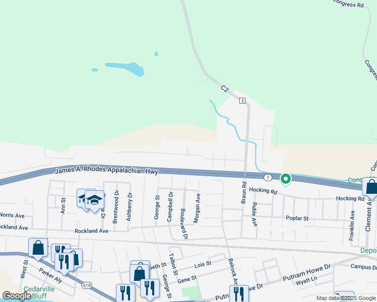 map of restaurants, bars, coffee shops, grocery stores, and more near 1608 Hill Street in Belpre