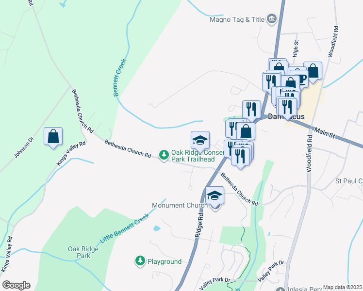 map of restaurants, bars, coffee shops, grocery stores, and more near 10194 Kings Grove Way in Damascus