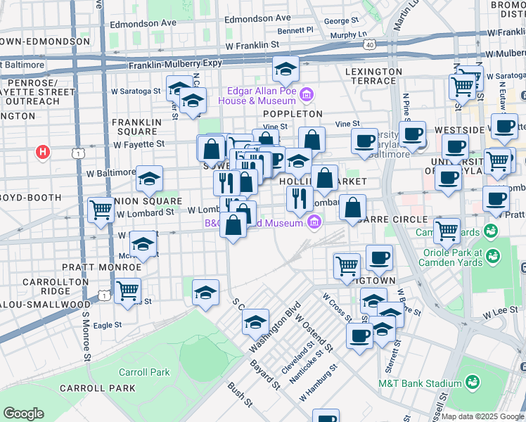 map of restaurants, bars, coffee shops, grocery stores, and more near 1113 West Lombard Street in Baltimore
