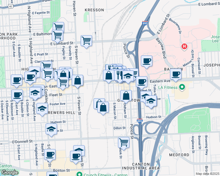 map of restaurants, bars, coffee shops, grocery stores, and more near 511 South Lehigh Street in Baltimore