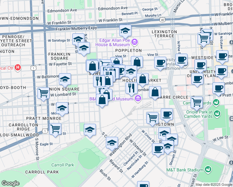 map of restaurants, bars, coffee shops, grocery stores, and more near 1105 West Lombard Street in Baltimore