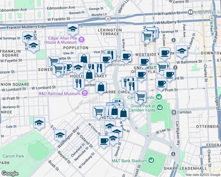 map of restaurants, bars, coffee shops, grocery stores, and more near 113 Scott Street in Baltimore