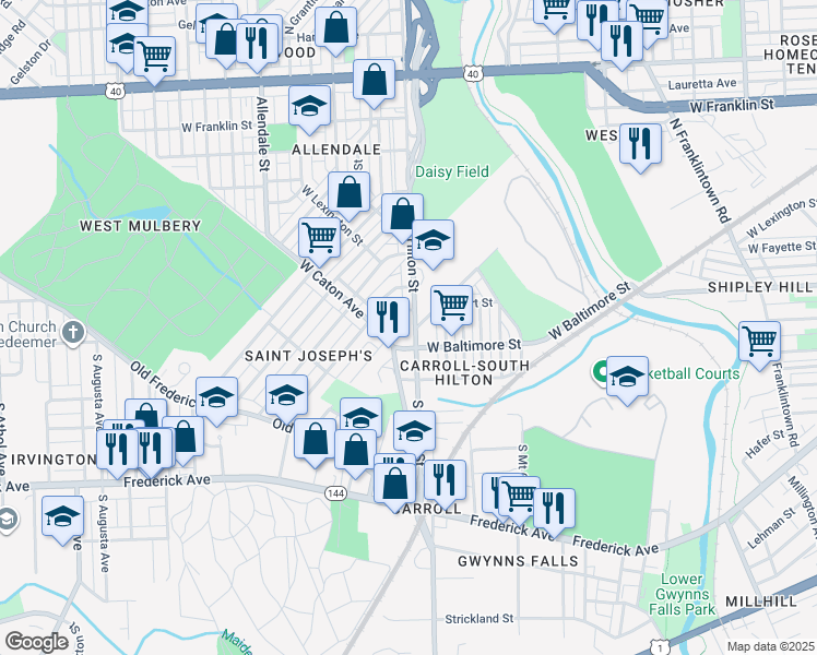 map of restaurants, bars, coffee shops, grocery stores, and more near 4 North Hilton Street in Baltimore