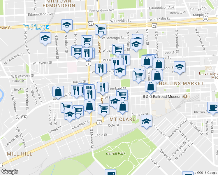 map of restaurants, bars, coffee shops, grocery stores, and more near 1704 West Lombard Street in Baltimore