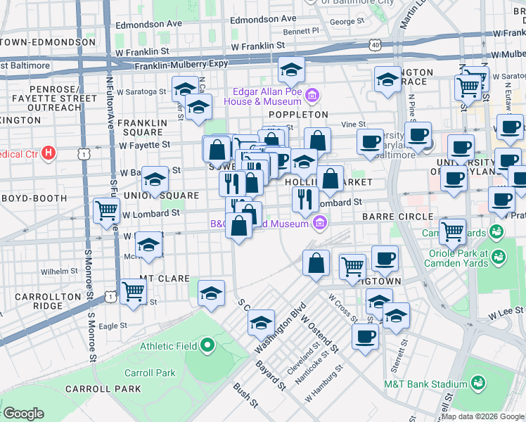 map of restaurants, bars, coffee shops, grocery stores, and more near 1127 West Lombard Street in Baltimore