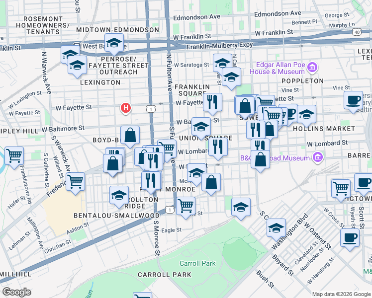 map of restaurants, bars, coffee shops, grocery stores, and more near 1704 West Lombard Street in Baltimore